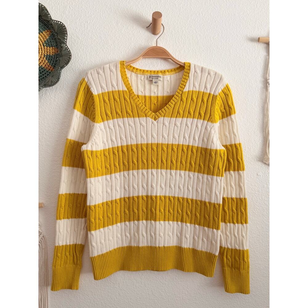 St. John's Bay Yellow Cream Stripe V-Neck Classic Cable Knit Sweater Size Large